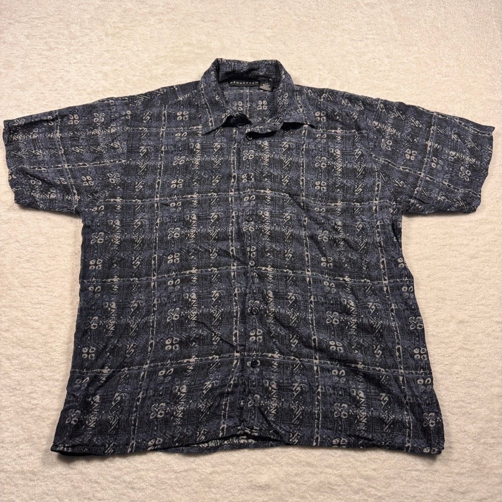Manhattan Mens Large Blue Geometric Tribal Print Rayon Short Sleeve Button Shirt